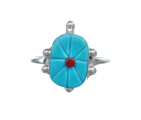 Native American Turquoise Coral Sterling Silver Turtle Ring Size 7-1/4 JX124162